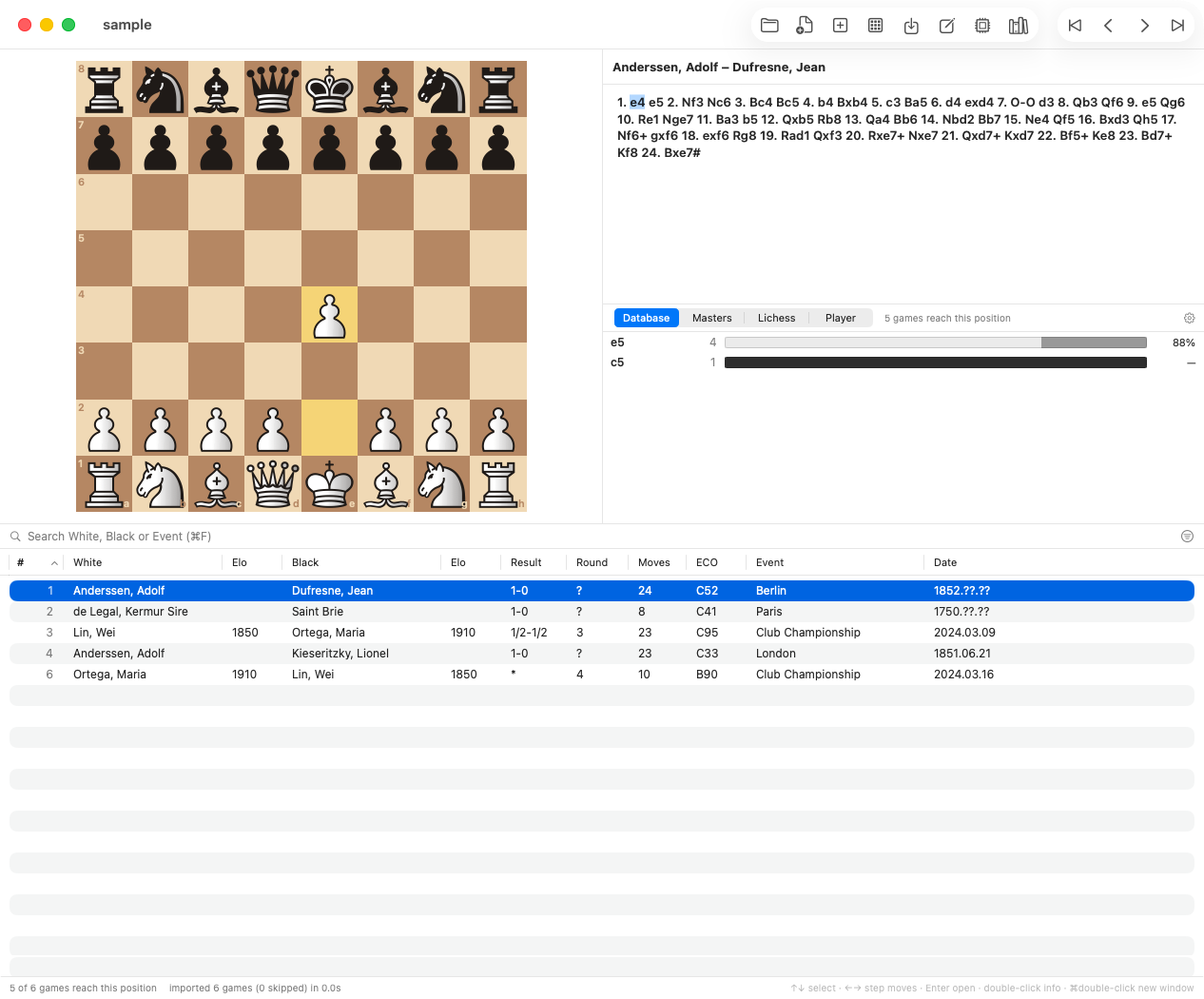 DC Studio's reference panel: opening statistics from the open file, lichess Masters, Lichess and Player databases